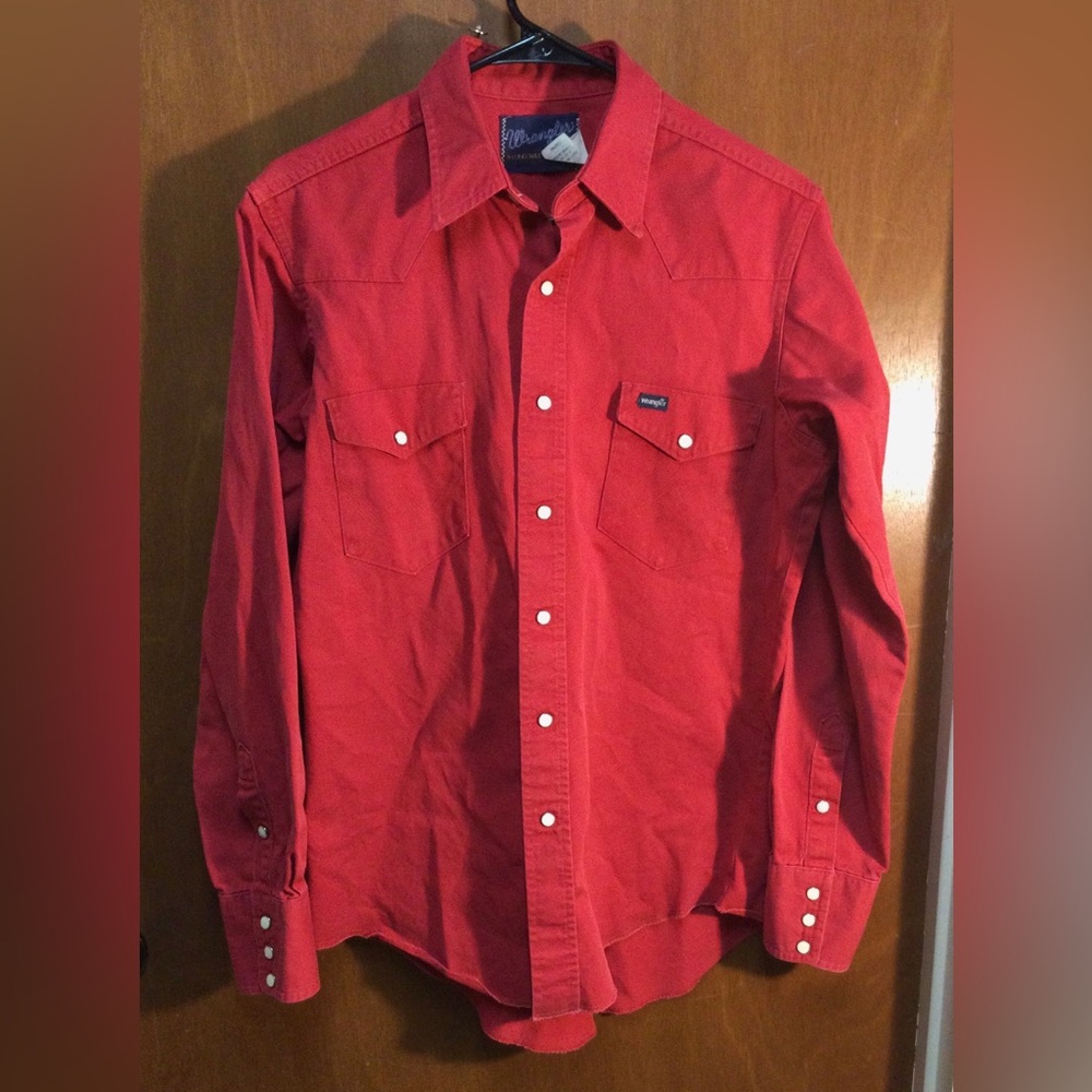 VINTAGE Wrangler Shirt Mens 15.5x35 Red Western Pearl Snap Cowboy ~ USA